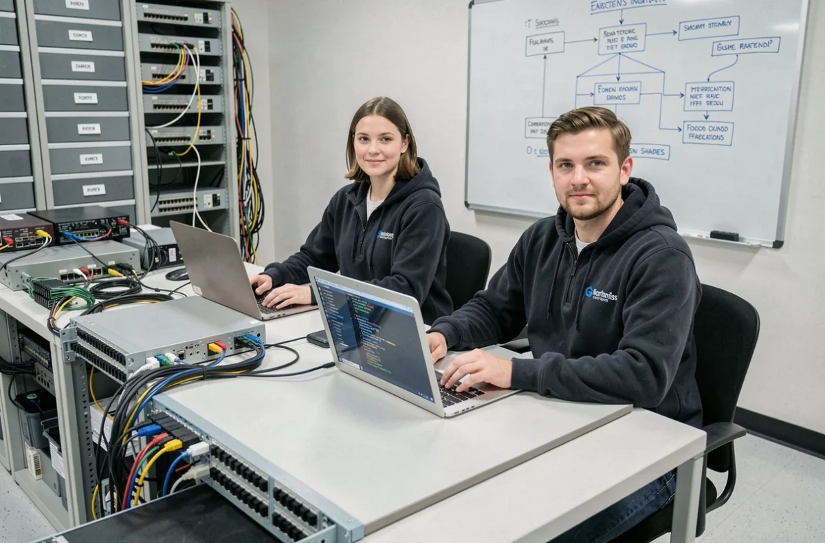 Deux intégrateurs d'A5sys configurant un système d'information sécurisé dans un laboratoire d'intégration professionnel