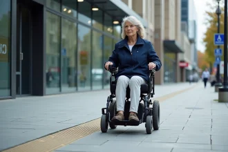 Femme en fauteuil roulant motorisé sur un trottoir accessible avec bande podotactile et rampe d'accès conforme aux normes d'accessibilité urbaine