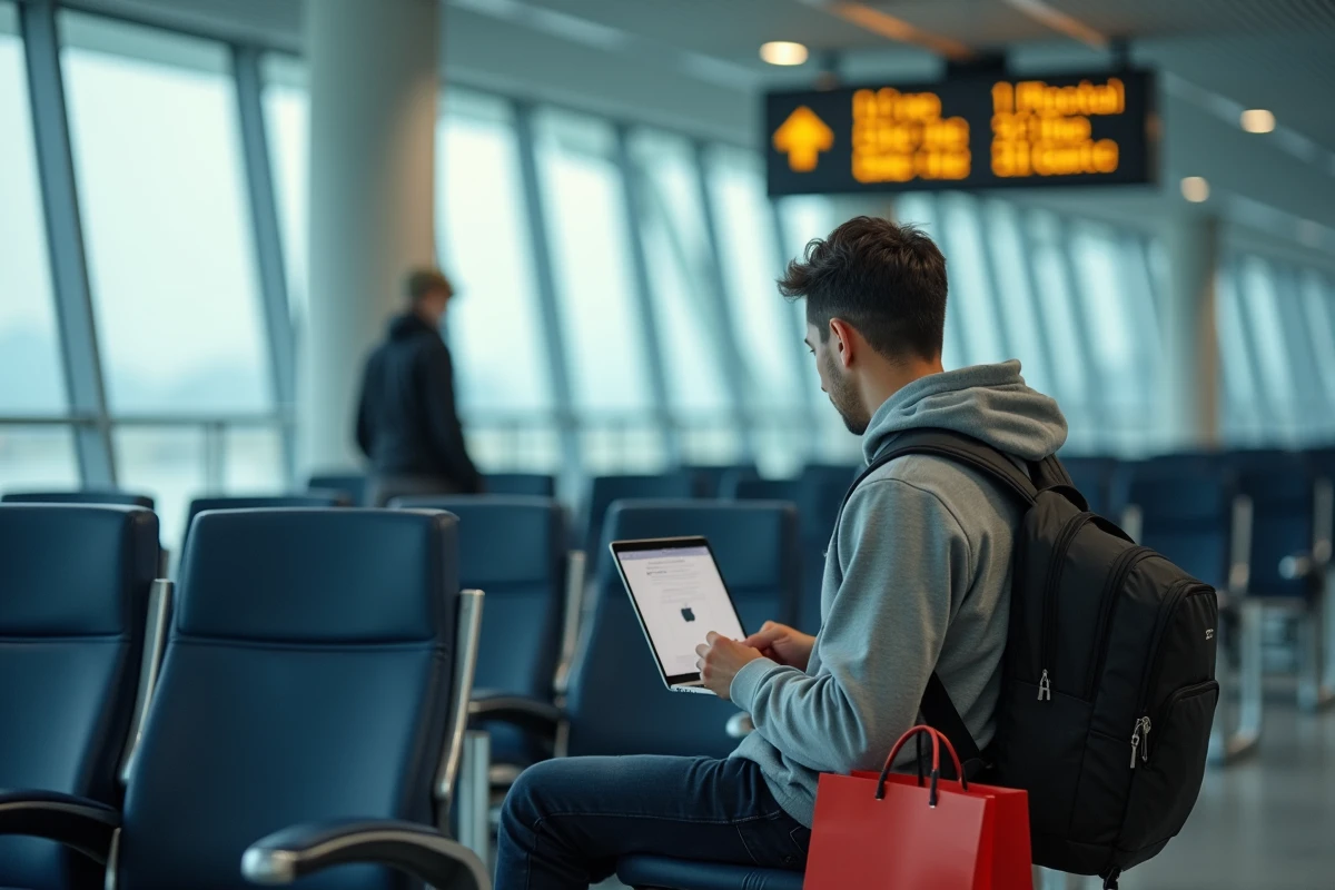 Voyageur comparant les prix Apple en ligne dans un aéroport international avec des sacs d'achats hors taxes