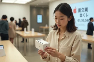 Femme comparant le prix d'un iPhone dans un Apple Store de Tokyo avec une application de conversion de devises
