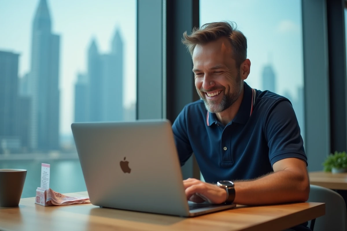 Homme déballant un MacBook Pro acheté à Dubaï dans un café moderne avec reçu de caisse et dirhams