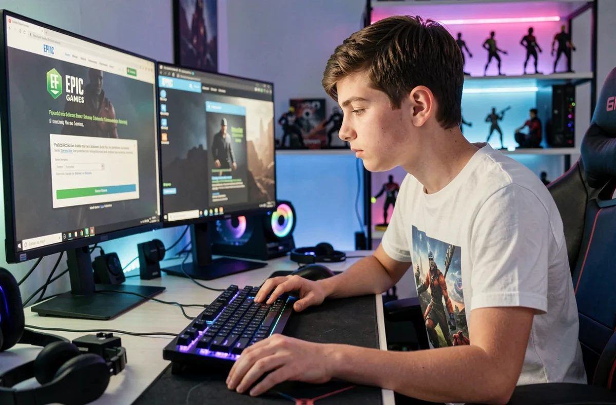 Jeune adulte en train de tenter d'activer un code Epic Games sur un bureau gaming avec double écran