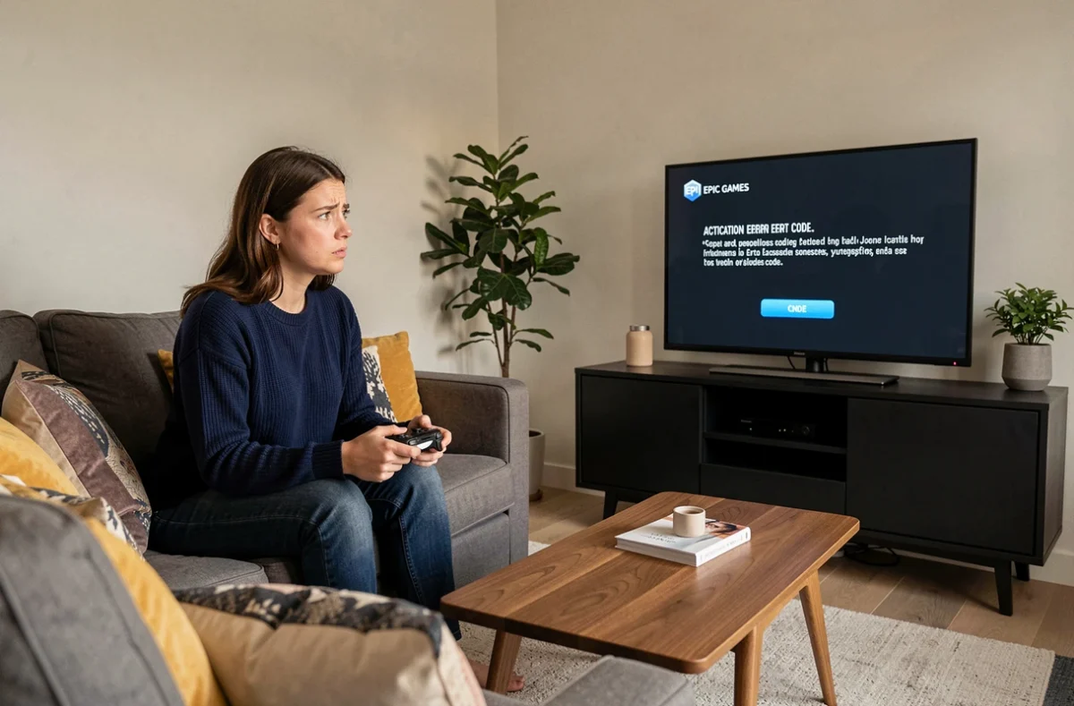 Femme confuse regardant un message d'erreur Epic Games sur son écran de télévision depuis son salon