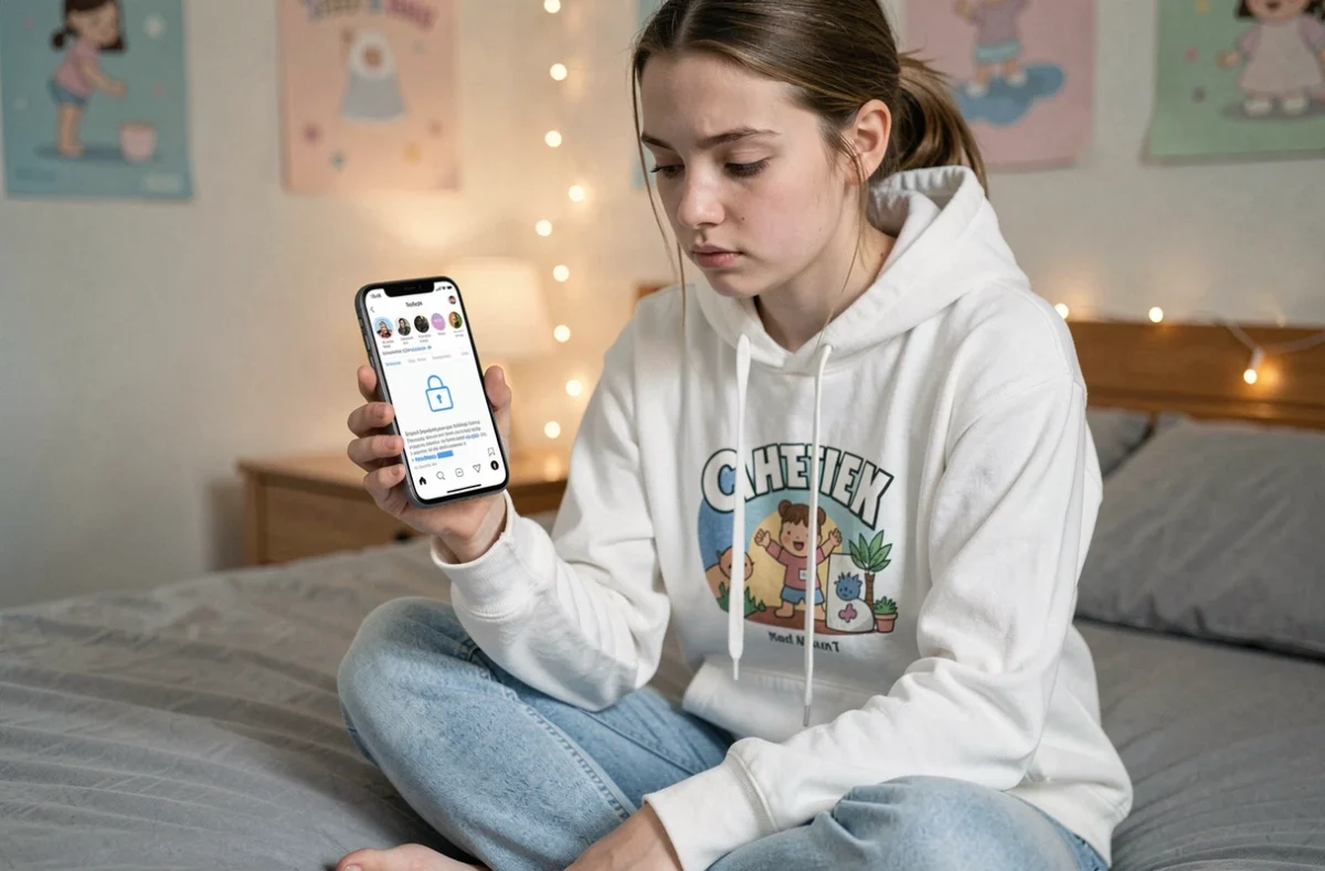 Adolescente dans sa chambre essayant d'enregistrer la story d'un compte Instagram privé sur son téléphone