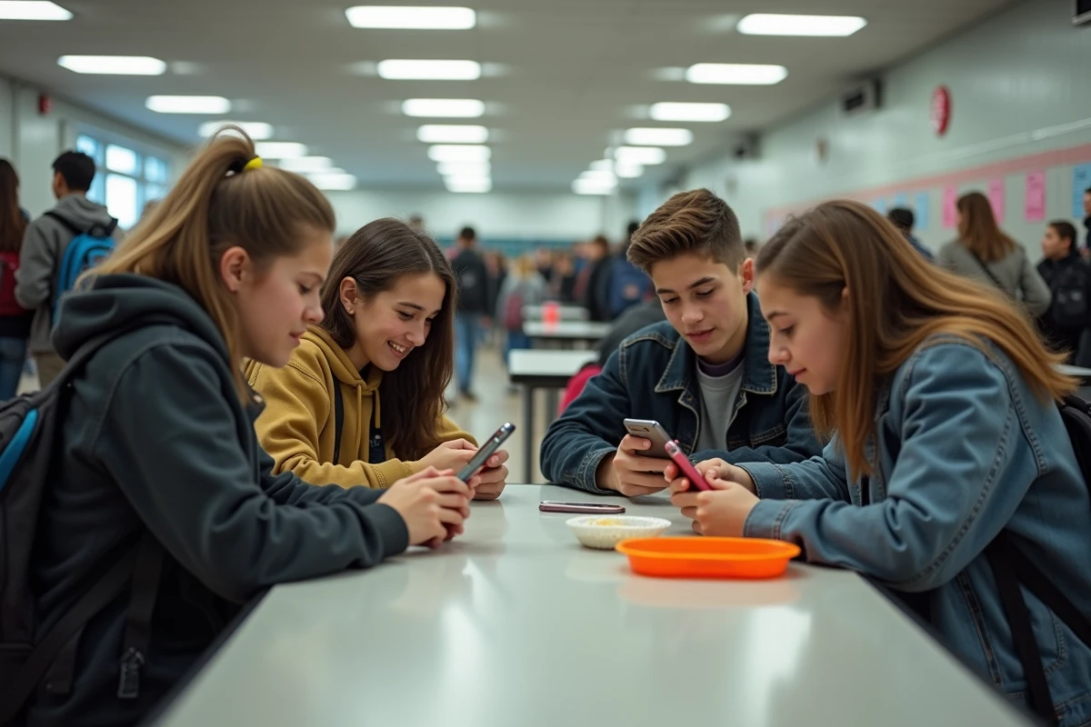 Groupe d'adolescents chacun sur leur téléphone dans une cafétéria scolaire, symbolisant l'isolement social dû aux réseaux sociaux