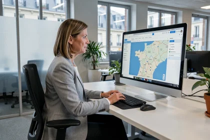 Agente municipale consultant le portail MEL AC Normandie sur un ordinateur dans un bureau administratif moderne