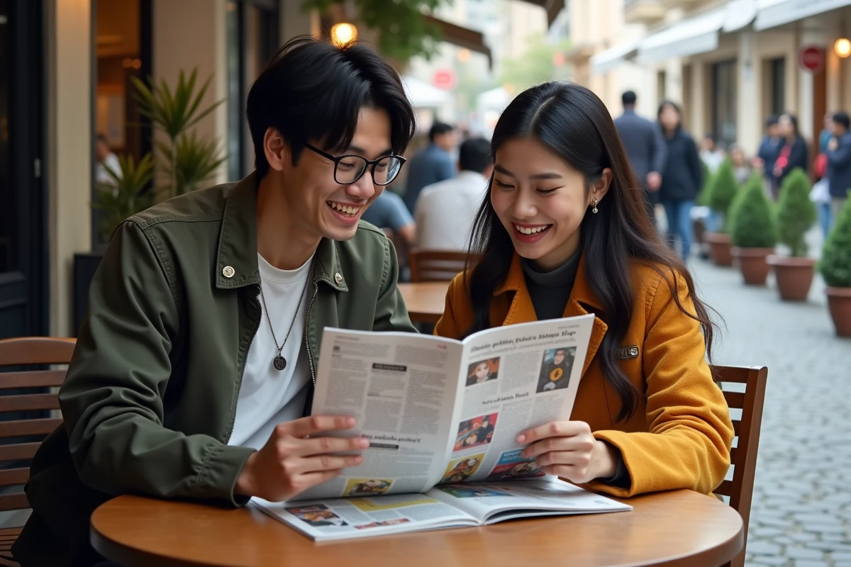 Deux amis discutant des nouveaux animés à paraître en 2026 autour d'un magazine en terrasse de café
