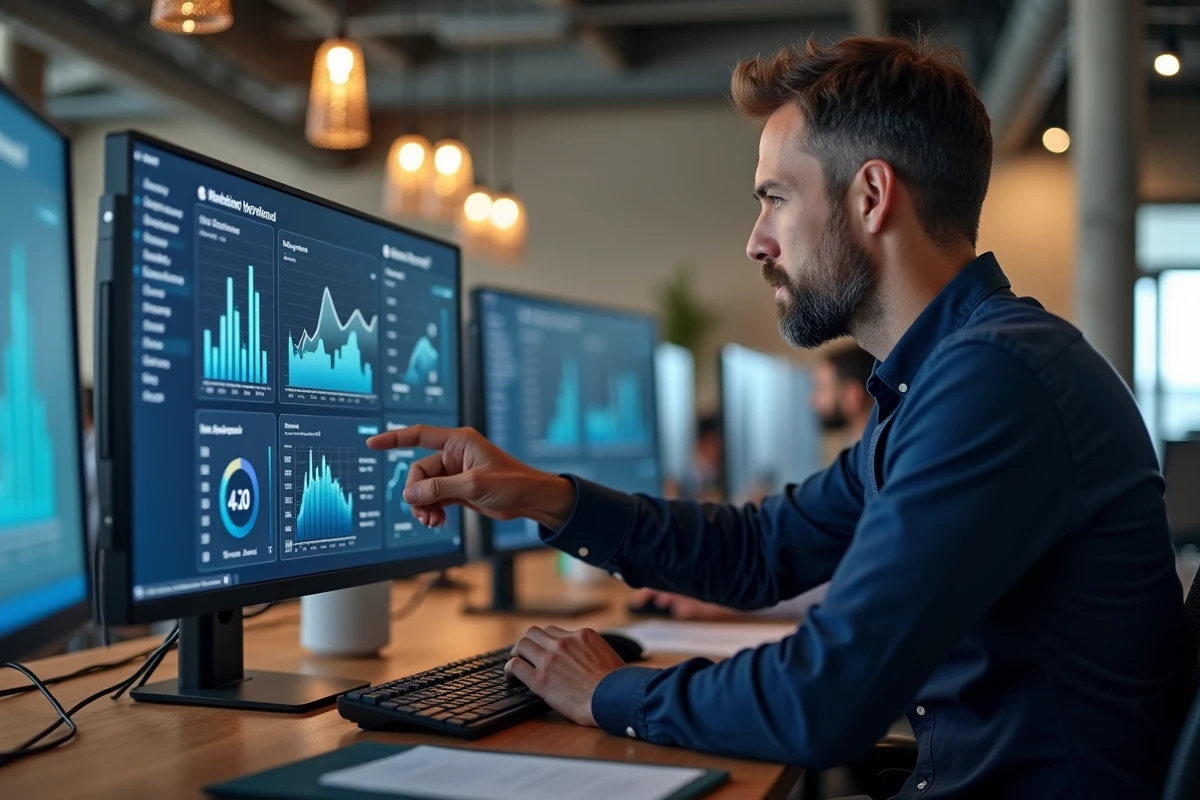 Professionnel du marketing analysant des données de publicité ciblée sur un écran d'ordinateur dans un open space moderne