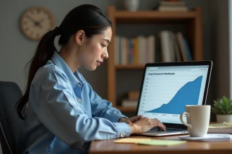 Femme analysant une courbe de longue traîne sur un ordinateur portable dans un bureau à domicile