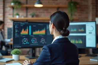 Analyste SEO féminine examinant un tableau de bord de backlinks et de structure de liens sur un moniteur de bureau moderne