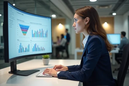 Femme analyste en blazer marine étudiant des graphiques de taux de conversion sur un écran incurvé dans un bureau moderne