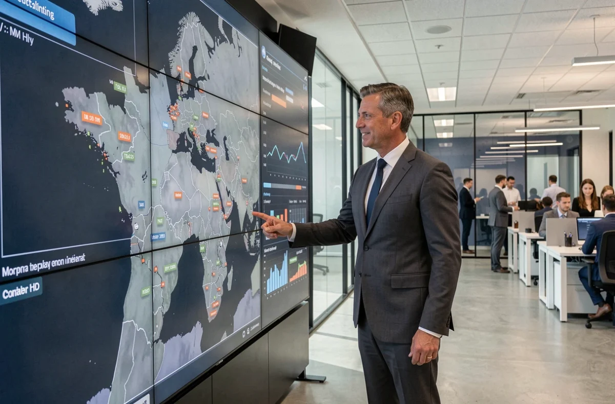 Consultant en cybersécurité d'Apside présentant une carte mondiale des menaces dans les bureaux d'une grande firme de conseil technologique