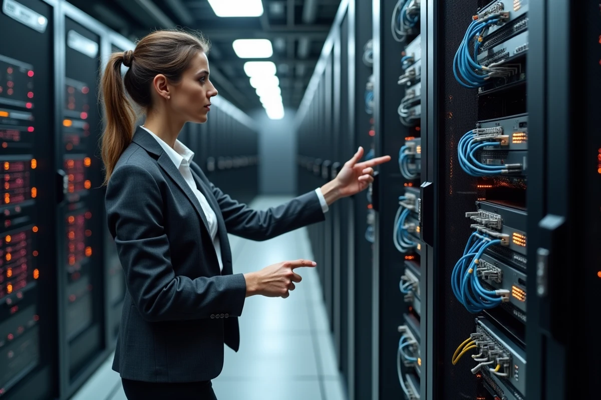 Architecte IT féminine présentant des équipements réseau virtualisés dans une baie de serveurs d'un centre de données d'entreprise moderne