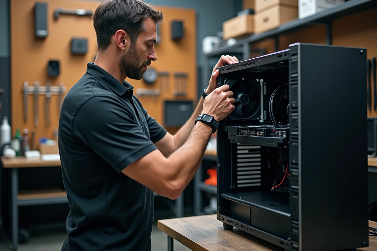 Technicien installant le radiateur ARCTIC Liquid Freezer III Pro 360 RGB dans un grand boîtier PC tower