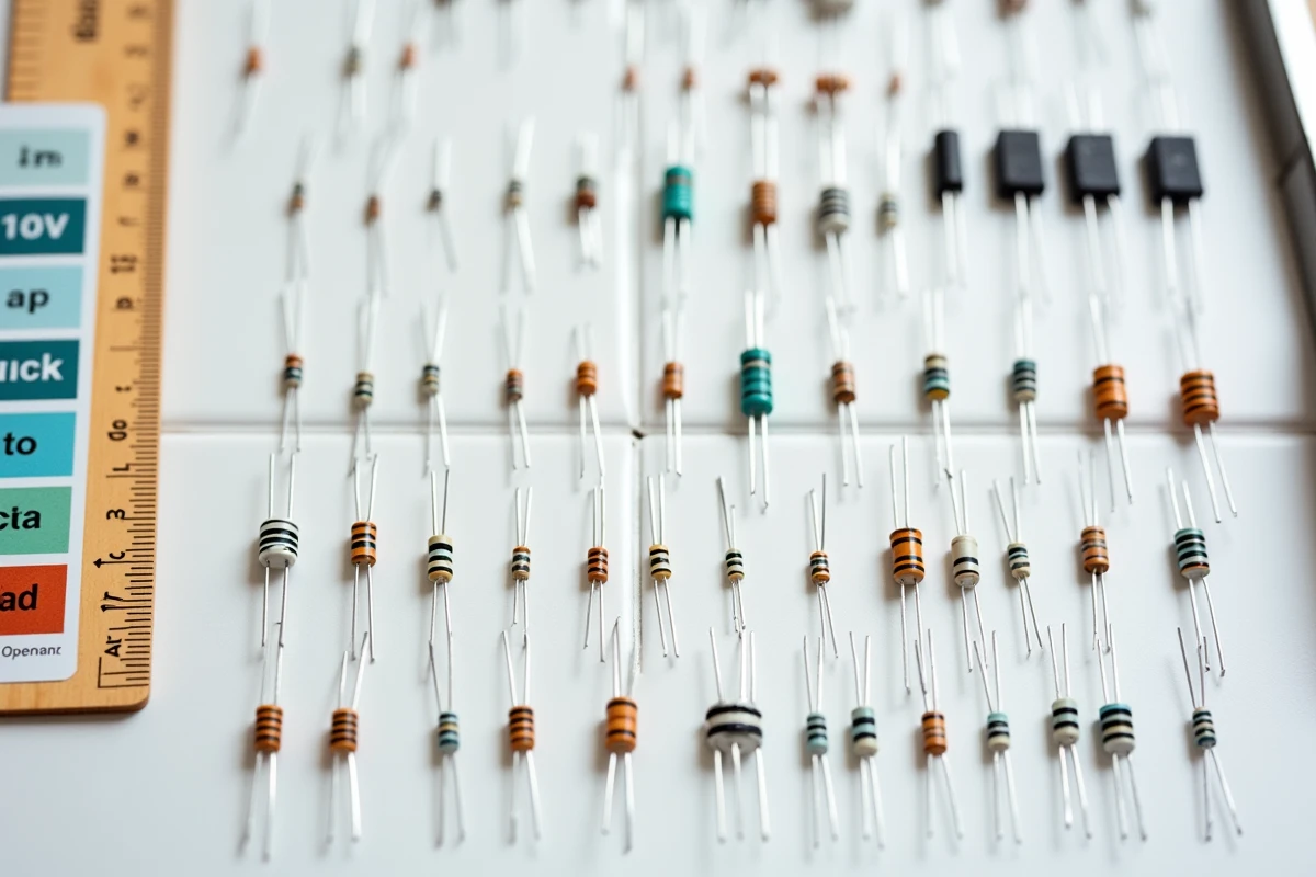 Assortiment de résistances électroniques disposées en rangées sur fond blanc avec code couleur visible