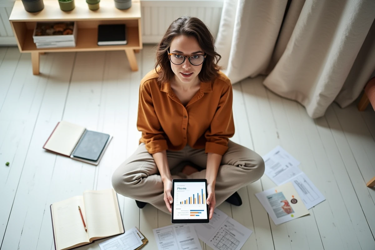 Jeune femme analysant un rapport d'audit SEO sur une tablette entourée de notes et de listes de vérification à domicile