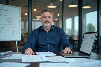 Auditeur informatique analysant les documents de conformité ISO 27001 dans une salle de réunion d'entreprise moderne
