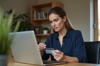 Femme tenant une carte bancaire devant un ordinateur portable affichant un portail bancaire, illustrant le blocage d'un paiement en ligne