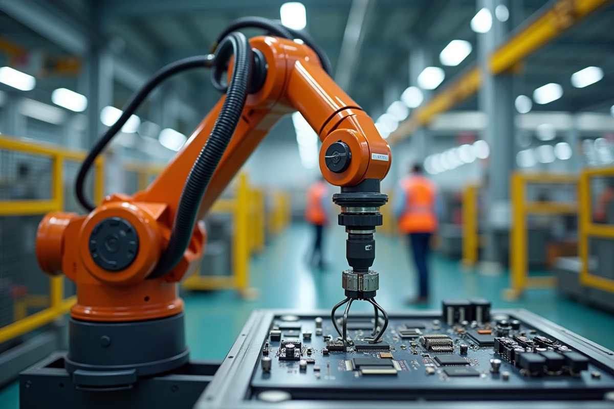 Bras robotique industriel effectuant des tâches d'assemblage de précision dans une usine moderne