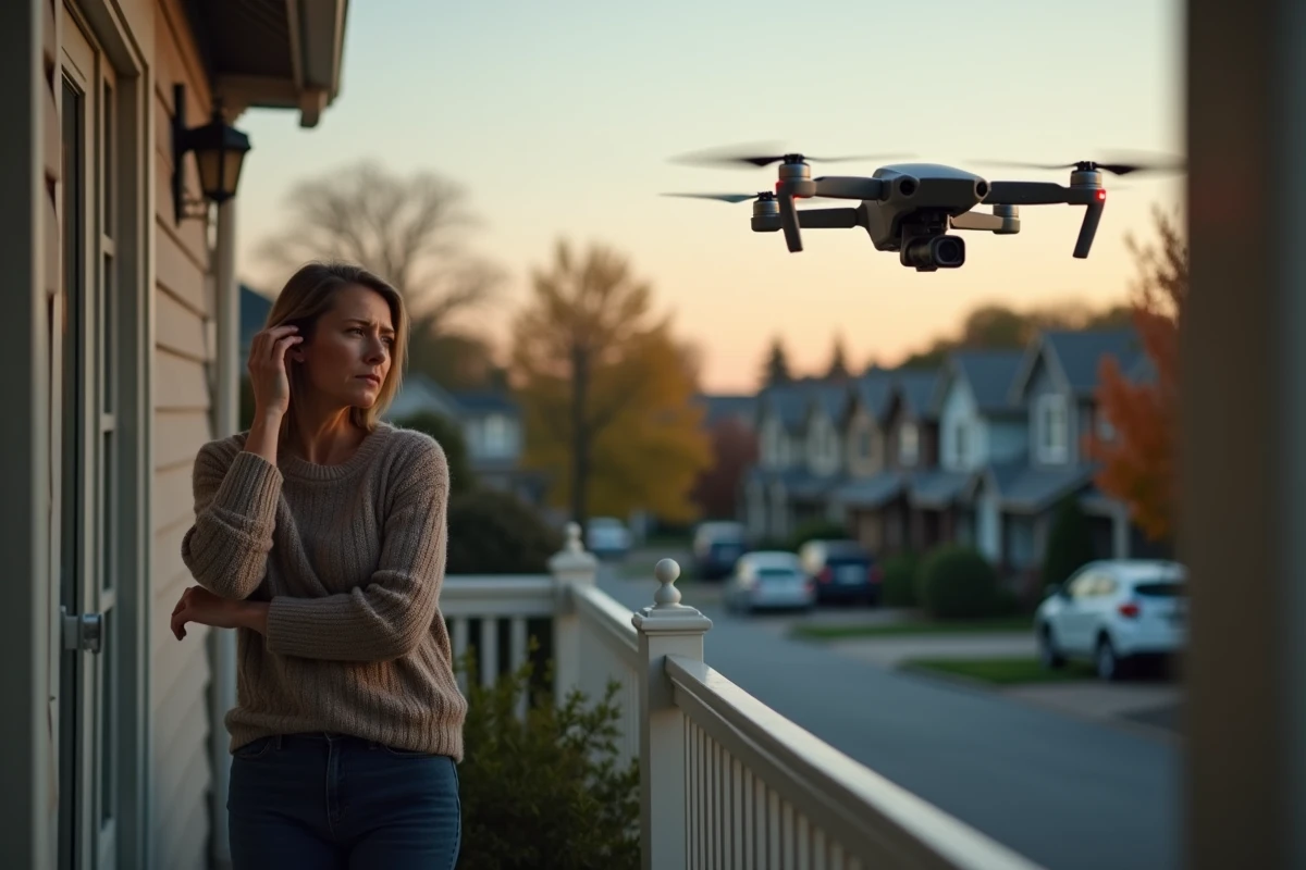 Riveraine réagissant au bruit de drones survolant un quartier résidentiel en soirée