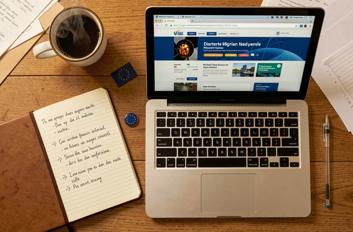 Vue de dessus d'un bureau avec un ordinateur portable affichant une comparaison d'hébergeurs web français et un carnet de notes manuscrites