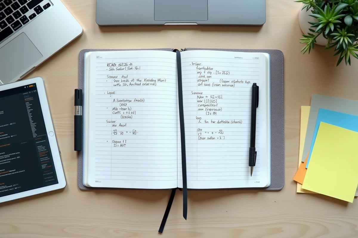 Vue aérienne d'un bureau avec des notes manuscrites comparant SQL et Excel et une tablette affichant un schéma de base de données