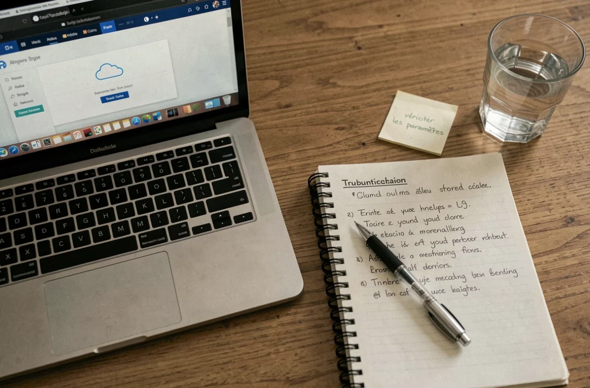 Bureau de travail avec ordinateur affichant une erreur de connexion Sharecloudy et notes de dépannage manuscrites
