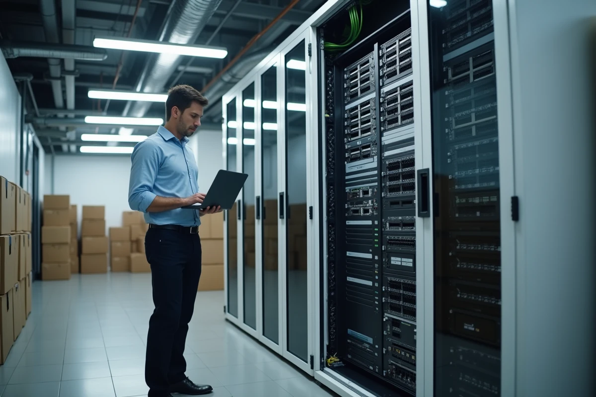 Cabinet d'edge computing sur site dans un espace back-office commercial avec un consultant informatique analysant les données réseau