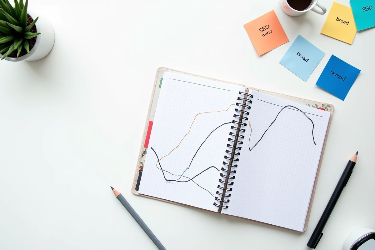 Vue de dessus d'un carnet avec courbe longue traîne et mots-clés SEO sur un bureau blanc