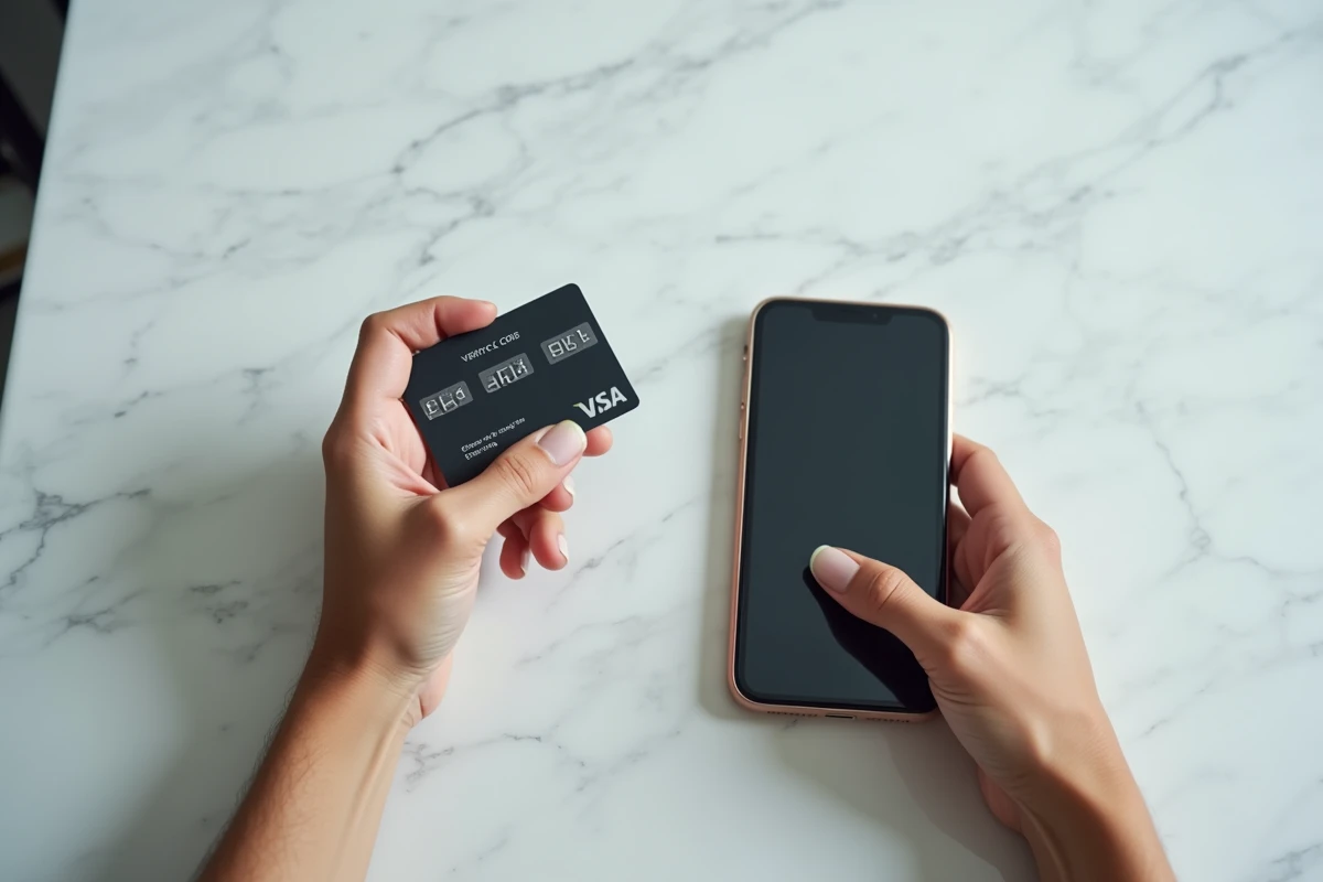 Mains tenant une carte bancaire et un smartphone affichant un SMS de code 3D Secure pour valider un paiement en ligne