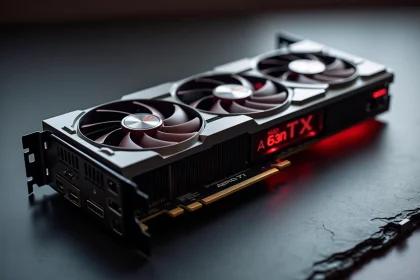 Carte graphique AMD Radeon RX 7900 XTX posée sur une surface en ardoise noire avec détails en métal brossé et logo AMD rouge