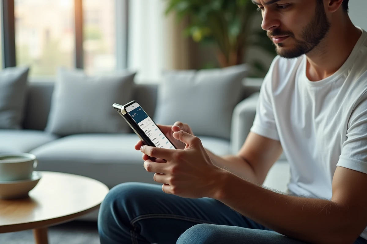Jeune homme modifiant le nom d'un billet de voyage sur une application mobile depuis son canapé