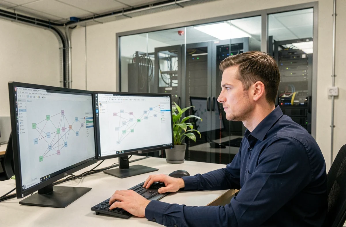 Professionnel IT de Cheops Technology à Nantes gérant l'infogérance et la cybersécurité sur un poste de travail double écran