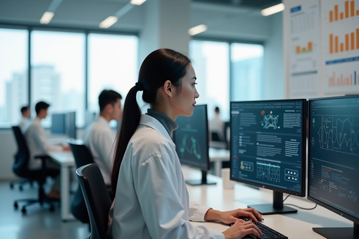 Chercheuse en télécommunications étudiant les protocoles de liaison de données impactés par les technologies 5G et IoT sur un poste de travail