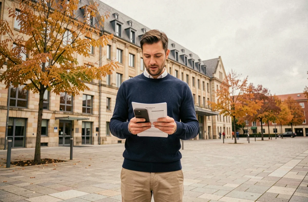 Homme consultant son smartphone devant un bâtiment administratif normand avec un document MEL AC en main