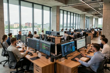 Centre opérationnel de cybersécurité dans les Pays de la Loire avec des analystes travaillant sur des postes de surveillance réseau