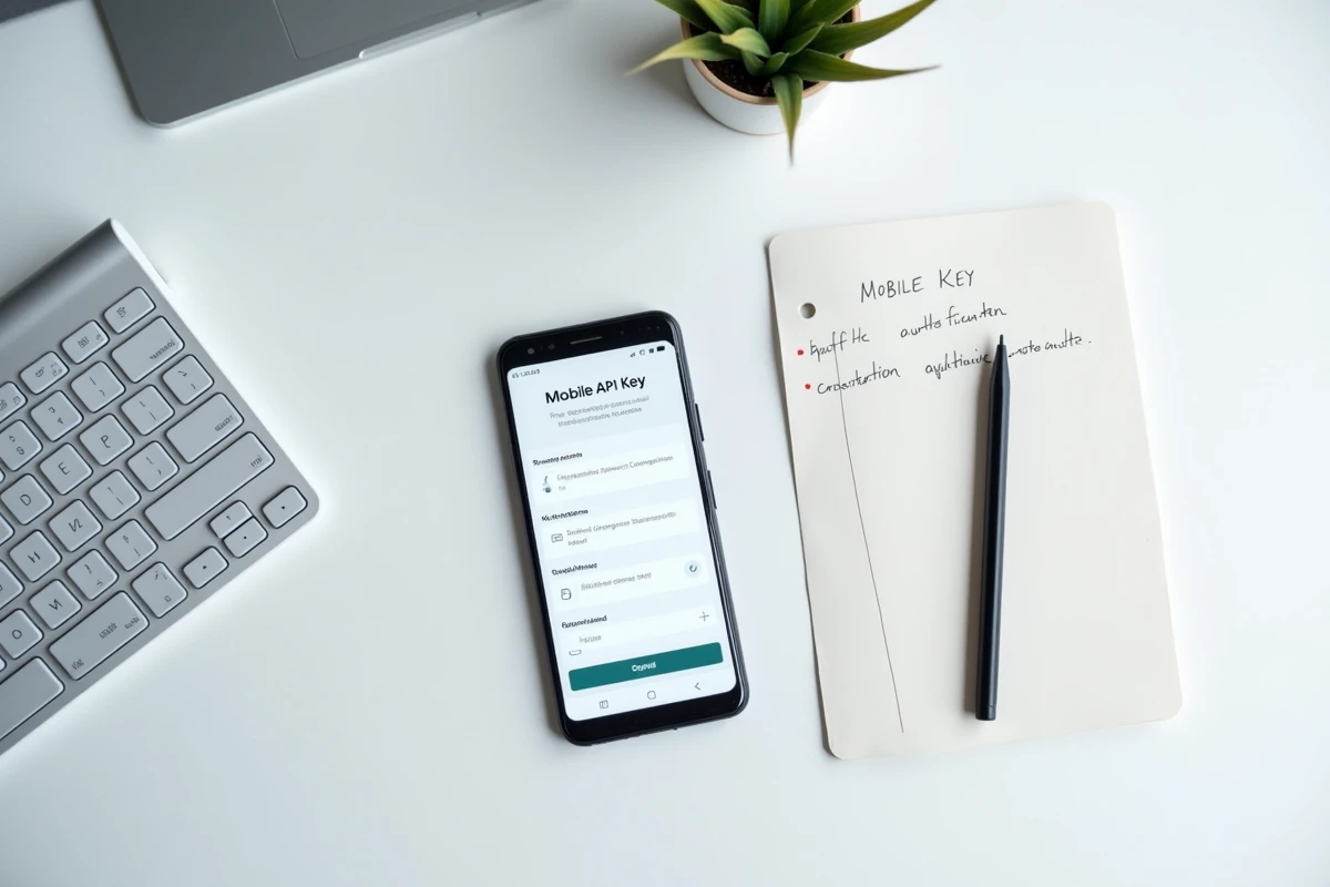 Vue de dessus d'un smartphone affichant une interface de génération de clé API avec un carnet de notes développeur