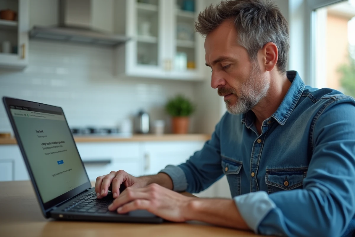Homme créant une clé USB bootable Windows 7 depuis un fichier ISO téléchargé légalement dans une cuisine moderne