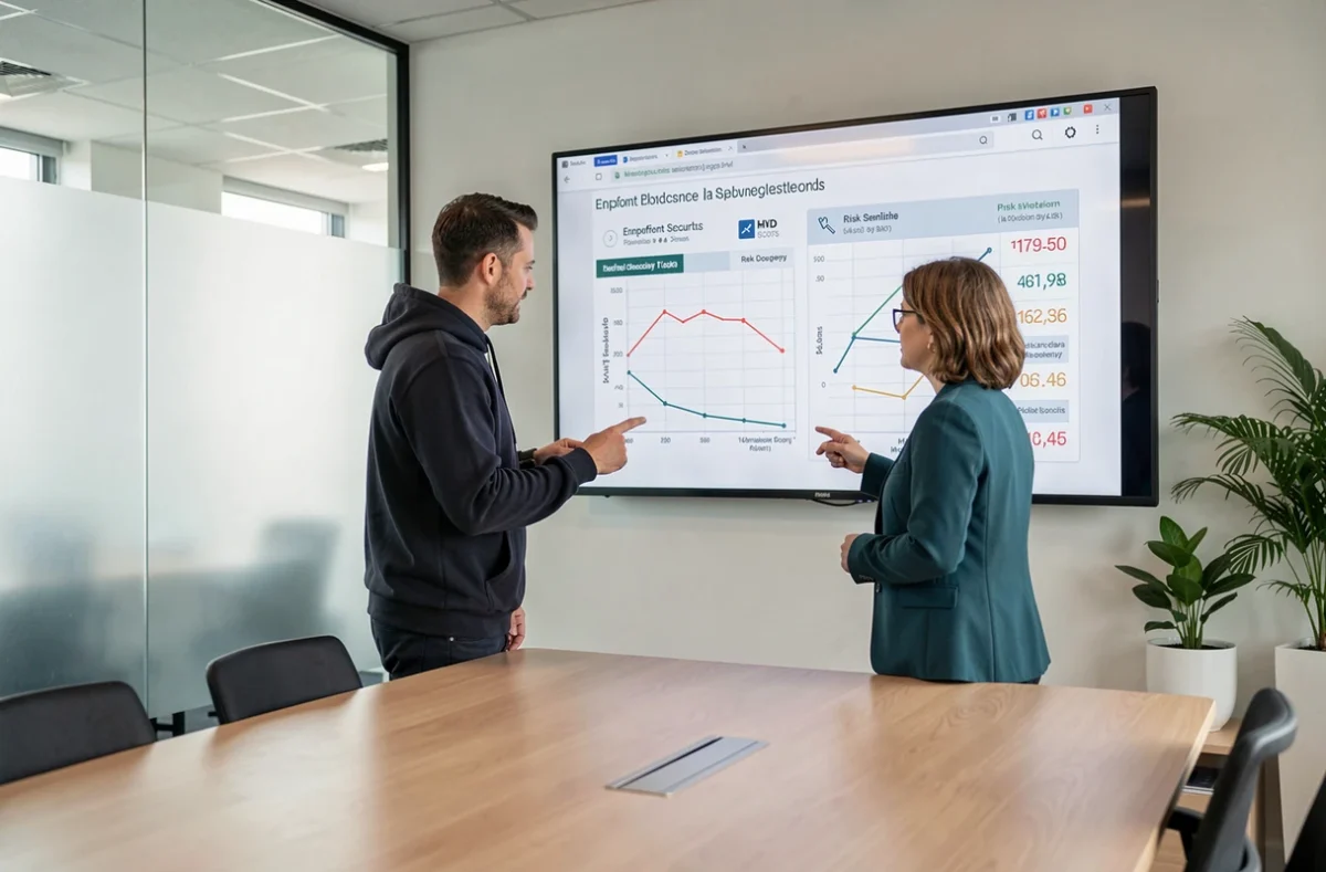Deux professionnels de la cybersécurité discutant d'une comparaison entre solutions EDR et Critical System Protection sur un écran interactif en salle de réunion