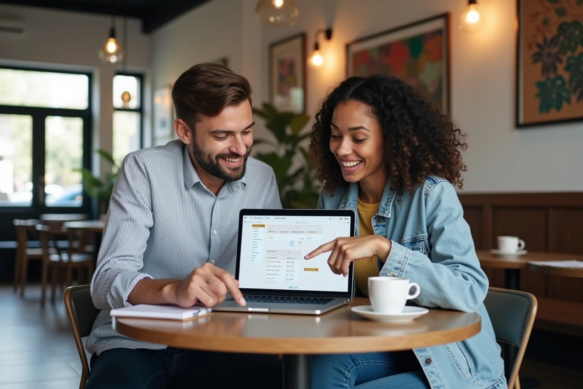 Deux jeunes professionnels collaborant sur la création d'un site web avec une application en ligne dans un café moderne