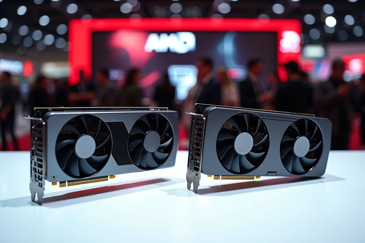 Deux cartes graphiques AMD haut de gamme exposées côte à côte sur une table blanche dans un salon technologique