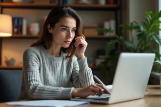Femme comparant des fichiers DOC et DOCX sur un ordinateur portable dans un bureau à domicile