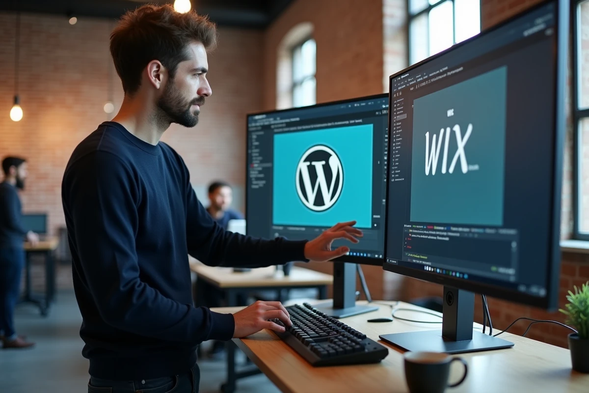 Homme comparant différentes plateformes CMS sur un grand écran dans un espace de coworking moderne