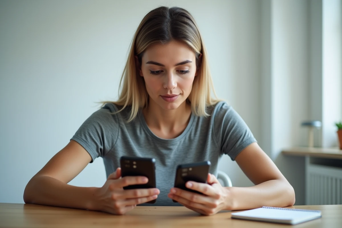 Femme comparant deux smartphones haut de gamme pour le gaming sur un bureau minimaliste