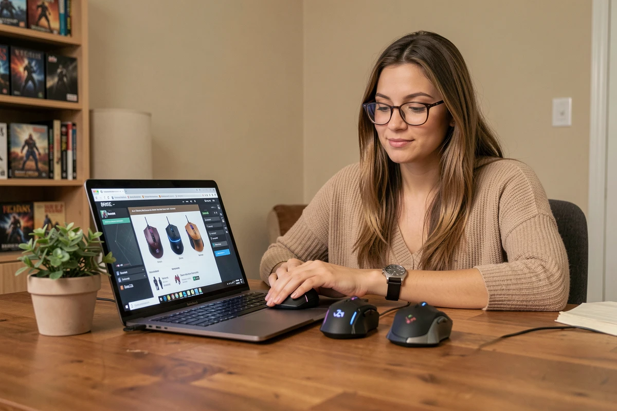 Femme comparant deux souris MMO gaming posées sur un bureau en bois avec un ordinateur portable affichant un guide d'achat
