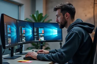 Développeur comparant les interfaces de Windows 11, macOS et Linux sur plusieurs écrans dans un bureau moderne