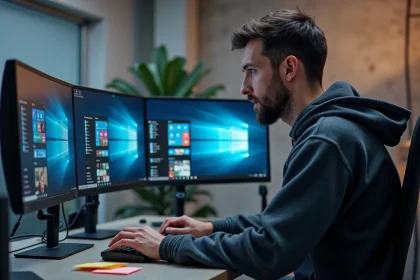 Développeur comparant les interfaces de Windows 11, macOS et Linux sur plusieurs écrans dans un bureau moderne