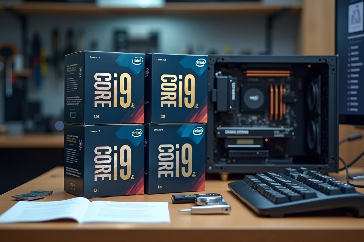 Bureau de test matériel PC avec plusieurs boîtes de processeurs Intel Core i9 et résultats de benchmarks imprimés
