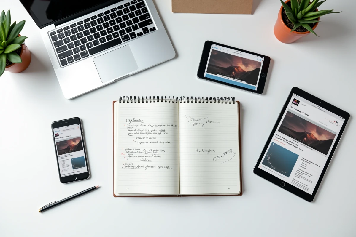 Vue à plat de trois écrans adaptés en mobile first avec notes de conception responsive sur bureau minimaliste