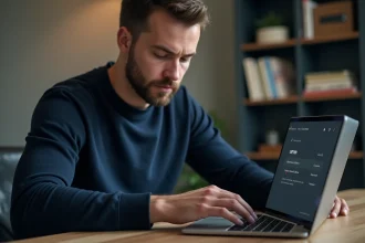 Homme configurant le protocole NordVPN sur un ordinateur portable dans un bureau moderne